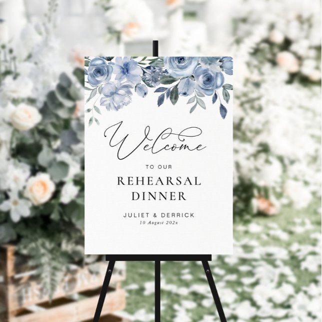 dusty blue floral rehearsal dinner sign (Creator Uploaded)