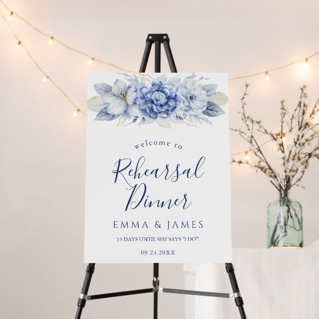 Dusty Blue Floral Rehearsal Dinner Sign (In Situ (Stand))