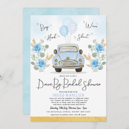 Dusty Blue Floral Retro Car Drive By Bridal Shower Invitation