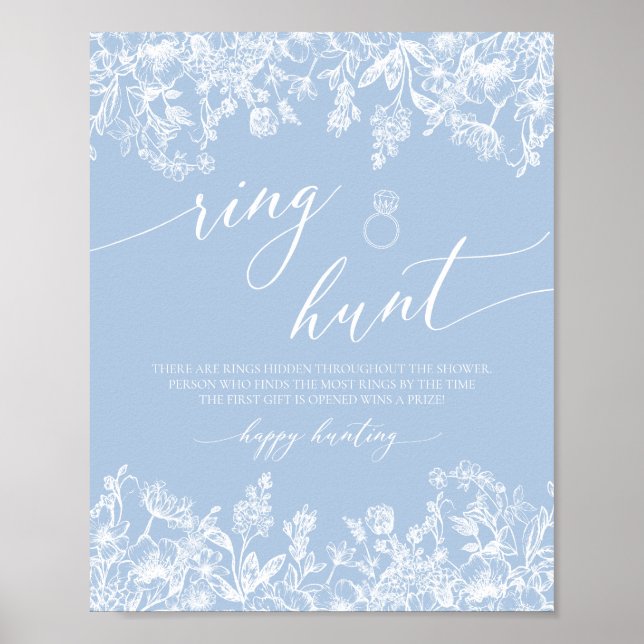 Dusty Blue Floral Ring Hunt Bridal Shower Game Poster (Front)