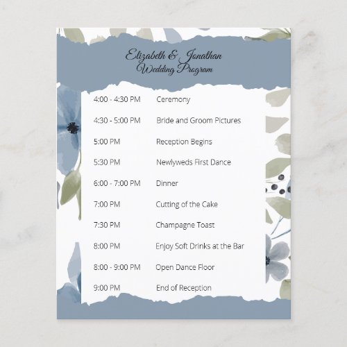 Dusty Blue Floral Ripped Paper Wedding Program