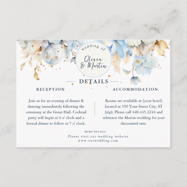 Dusty Blue Floral Romance Details Enclosure Card (Front)