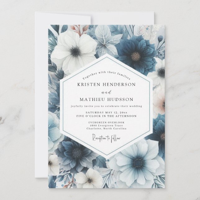 Dusty Blue Floral Romance Wedding Invitation (Front)