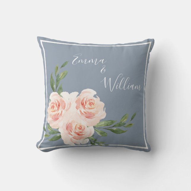 Dusty Blue Floral Romantic Names Script Wedding Throw Pillow (Front)