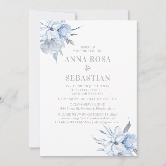 *~* Dusty Blue Floral Rose  AR15 WEDDING RSVP + In Invitation (Front)