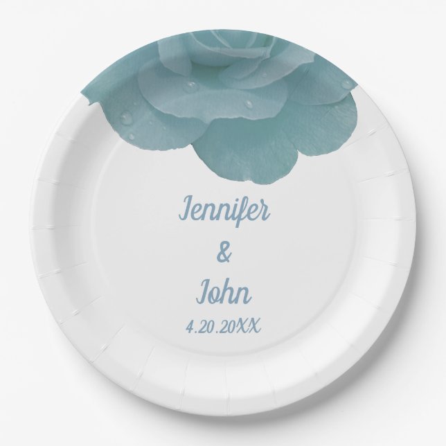 Dusty Blue Floral Rose Elegant Pretty Cool Wedding Paper Plates (Front)