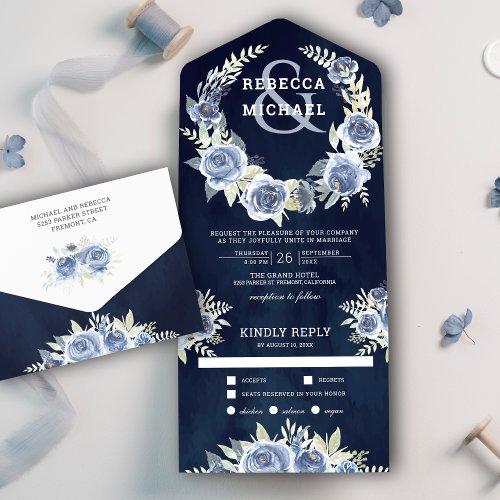 Dusty Blue Floral Rose Garland Navy Blue Wedding All In One Invitation