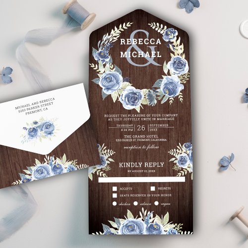 Dusty Blue Floral Rose Garland Rustic Wood Wedding All In One Invitation