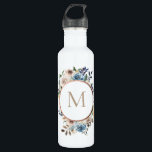 Dusty Blue Floral Rose Gold Frame Monogram Stainless Steel Water Bottle<br><div class="desc">Watercolor flowers in dusty blue and neutral cream and taupe with round rose gold frame monogram water bottle. Text font style,  color,  and size can be personalized.</div>