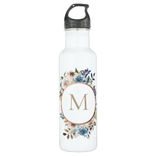 Dusty Blue Floral Rose Gold Frame Monogram Stainless Steel Water Bottle