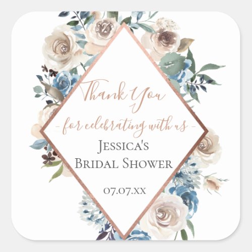 Dusty Blue Floral Rose Gold Personalized Square Sticker