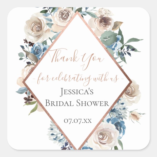 Dusty Blue Floral Rose Gold Personalized Square Sticker (Front)