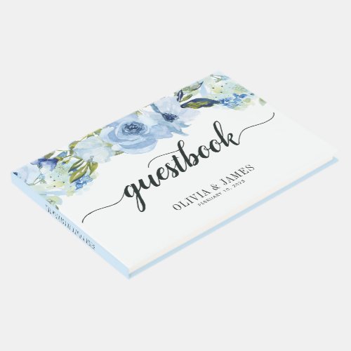 Dusty Blue Floral Rose Watercolor Foliage Wedding Guest Book