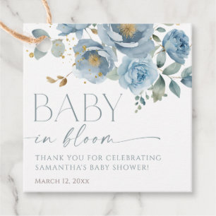 Dusty blue floral roses baby in bloom boy shower favor tags