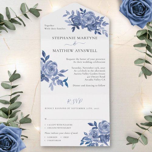 Dusty Blue Floral Roses Foliage Wedding All In One Invitation