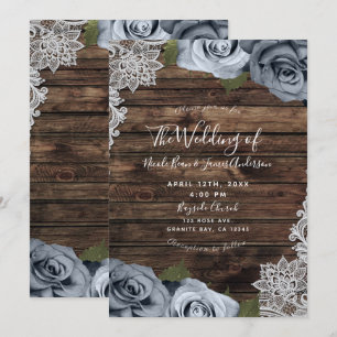 Dusty Blue Floral Roses Rustic Wood & Lace Wedding Invitation