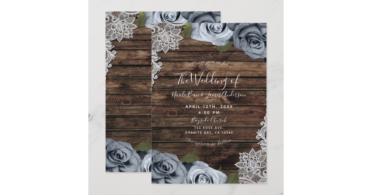 Dusty Blue Floral Roses Rustic Wood & Lace Wedding Invitation | Zazzle