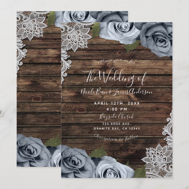 Dusty Blue Floral Roses Rustic Wood & Lace Wedding Invitation (Front/Back)