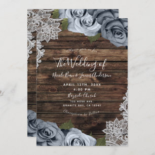 Dusty Blue Floral Roses Rustic Wood & Lace Wedding Invitation