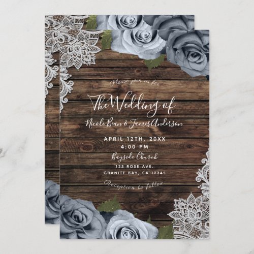 Dusty Blue Floral Roses Rustic Wood  Lace Wedding Invitation