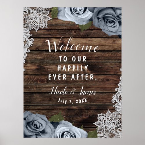 Dusty Blue Floral Roses Rustic Wood  Lace Wedding Poster