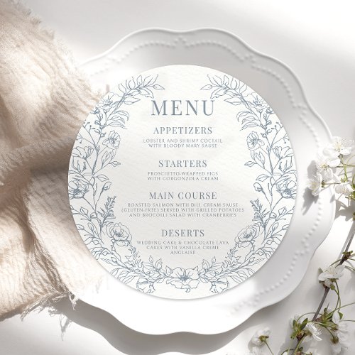 Dusty blue floral round wedding Menu Card Plate