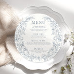 Dusty blue floral round wedding Menu Card Plate<br><div class="desc">Indulge in timeless elegance with our rustic bohemian round wedding menu card, perfect for spring and summer celebrations. Adorned with a charming wreath of delicate dusty blue wildflower blooms, this menu card adds a touch of sophistication to your reception decor. Ideal for rustic, bohemian, and outdoor weddings, it sets the...</div>
