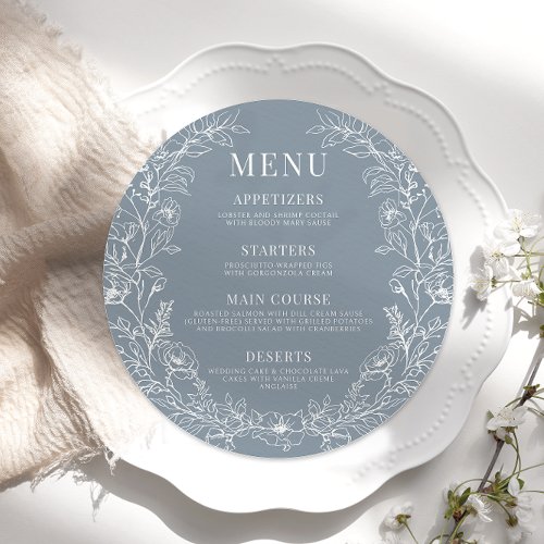 Dusty blue floral round wedding Menu Card Plate