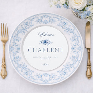 Dusty Blue Floral Round Wedding Menu & Place Card