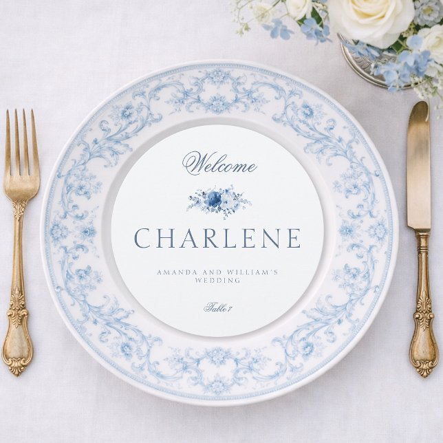Dusty Blue Floral Round Wedding Menu & Place Card (Creator Uploaded)
