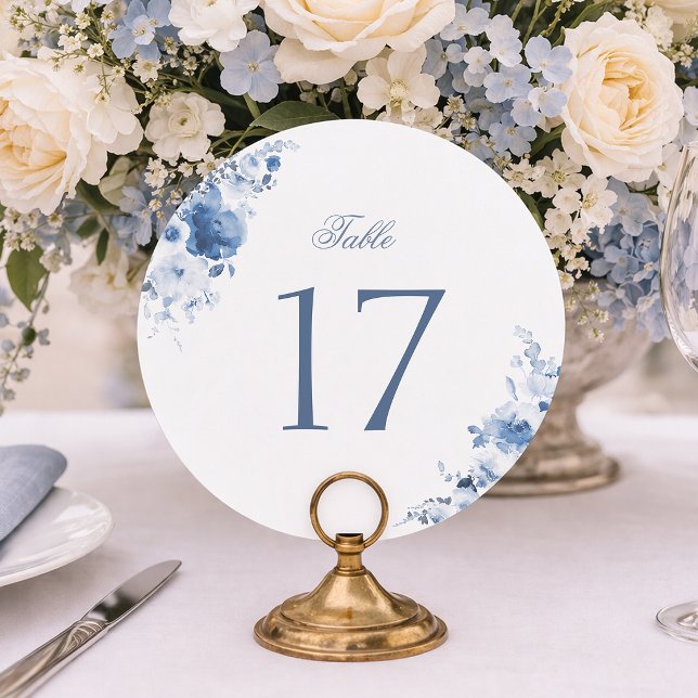 Dusty Blue Floral Round Wedding Table Number Sign (Creator Uploaded)