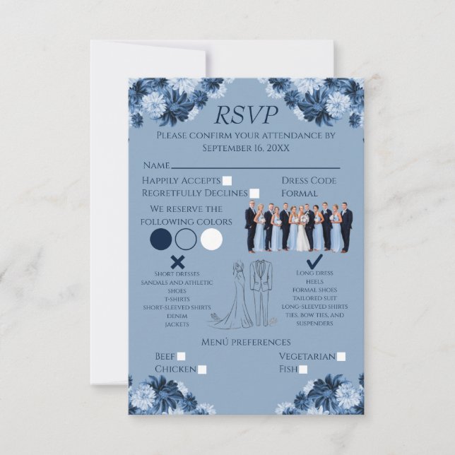 Dusty Blue Floral RSVP with Menu and Dress Code (Front)