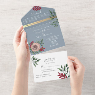 Dusty Blue Floral Rustic All-in-One Invitation