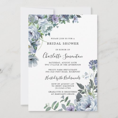 Dusty Blue Floral Rustic Bridal Shower Invitation