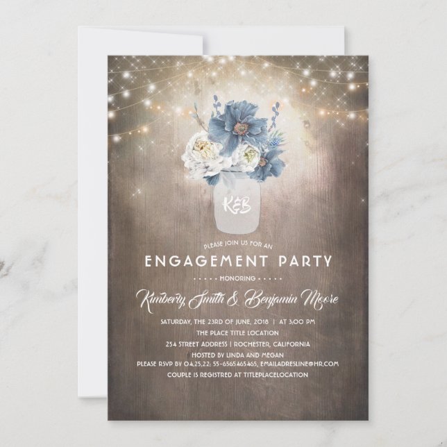 Dusty Blue Floral Rustic Country Engagement Party Invitation (Front)