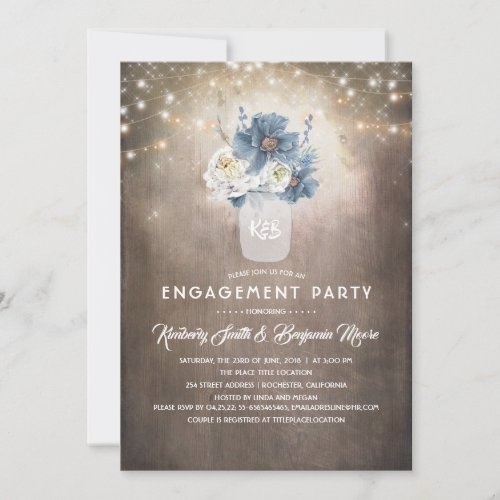 Dusty Blue Floral Rustic Country Engagement Party Invitation