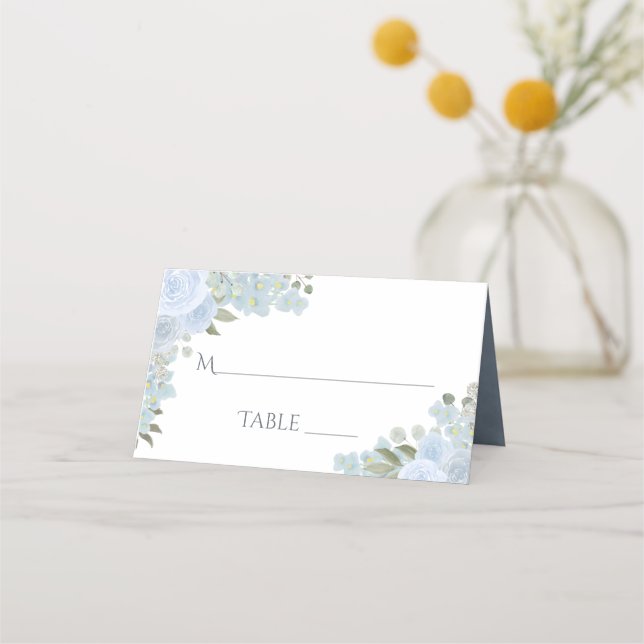 Dusty Blue Floral Rustic Elegant Wedding Write-In Place Card (Front)