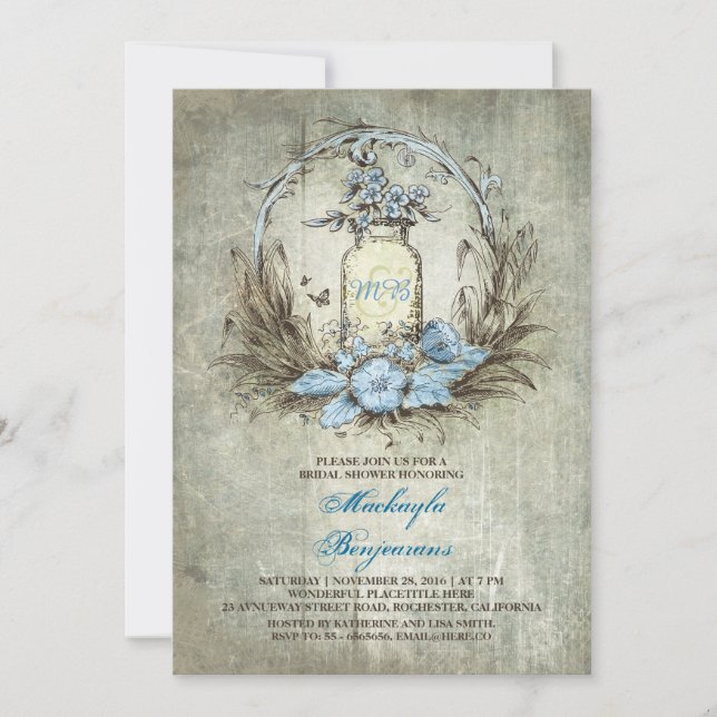 Dusty Blue Floral Rustic Mason Jar Bridal Shower Invitation (Front)