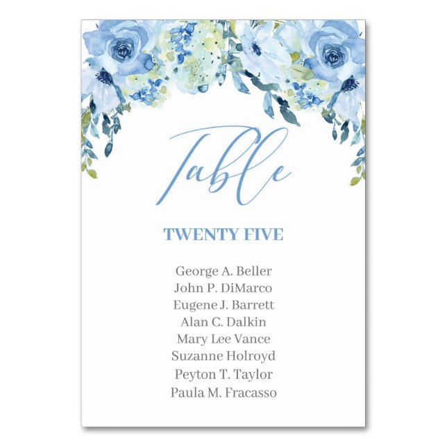 Dusty Blue Floral Rustic Modern Calligraphy Table Number (Front)