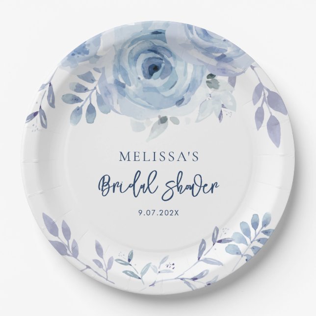 Dusty Blue Floral Rustic Script Bridal Shower Paper Plates (Front)