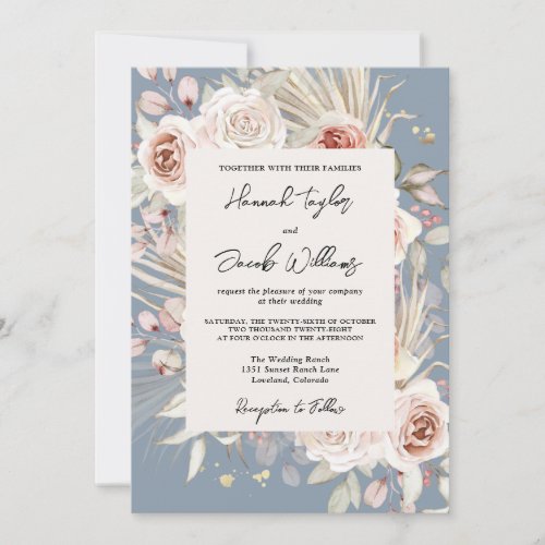 Dusty Blue Floral Rustic Wedding Invitation