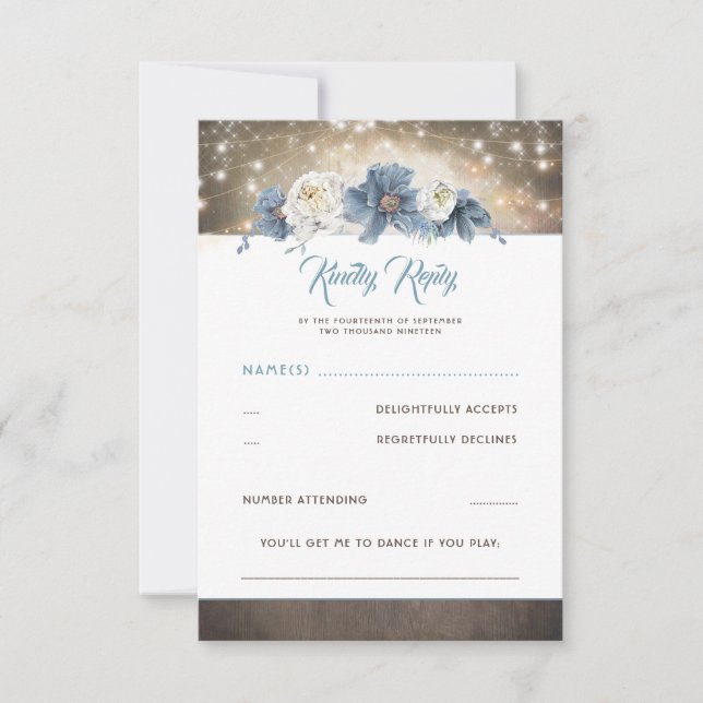 Dusty Blue Floral Rustic Wedding RSVP Card (Front)