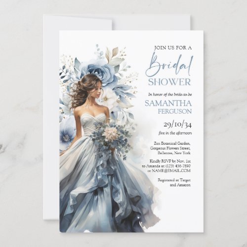 Dusty blue floral sage eucalyptus wedding gown invitation