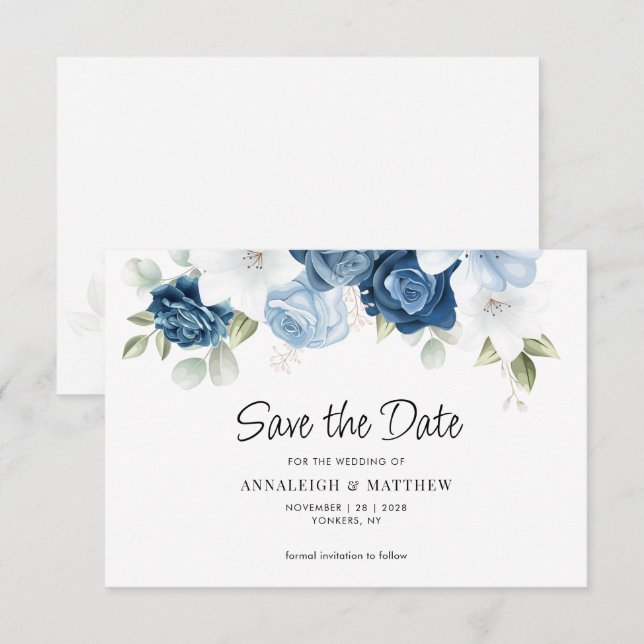 Dusty Blue Floral Save the Date Announcement (Front/Back)