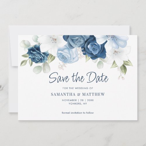 Dusty Blue Floral Save the Date Announcement