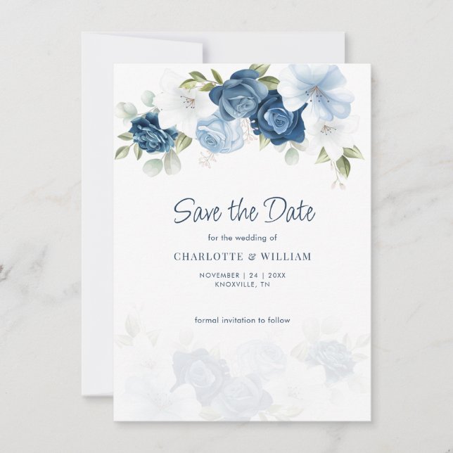 Dusty Blue Floral Save The Date Announcement (Front)