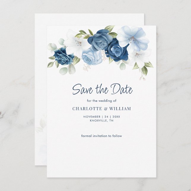 Dusty Blue Floral Save The Date Announcement (Front/Back)