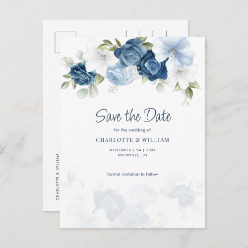 Dusty Blue Floral Save The Date Announcement Postcard