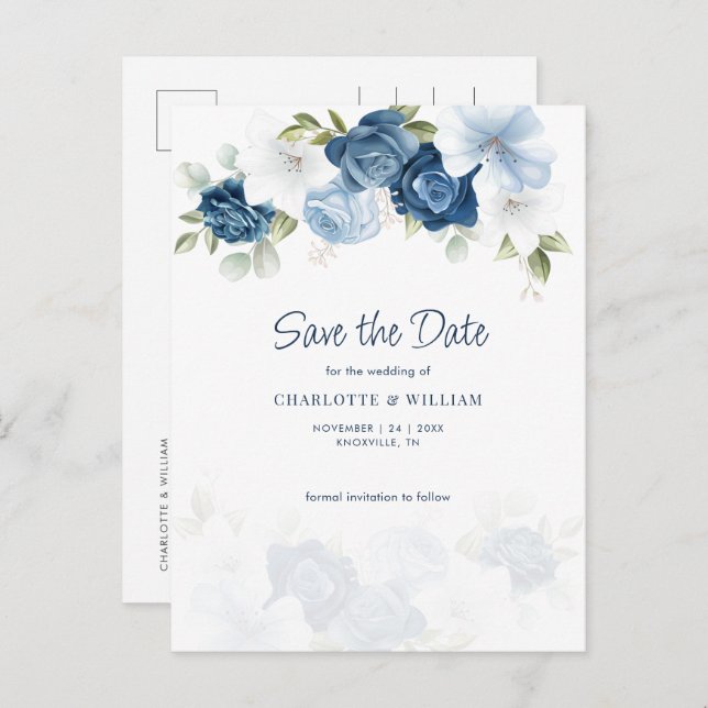 Dusty Blue Floral Save The Date Announcement Postcard (Front/Back)