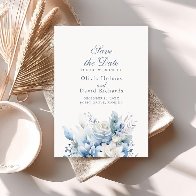 Dusty Blue Floral Save the Date Card (Modern Dusty Blue Flowers Save the Date Card on a sunny neutral boho table.)